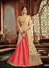 Peach Colour Latest Heavy Designer Wedding Wear Raw Silk And Net Thread Zari Embroidery Fancy Lahenga Style Saree Collection 4909